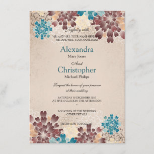 Invitation Fleurs Turquoises vertes, Brown et ivoire Mariage 
