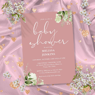 Invitation Fleurs verdoyantes Rose Poussiéreuse Fille Baby Sh