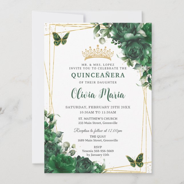Invitation Fleurs vert émeraude Floral Quinceañera Papillon (Devant)