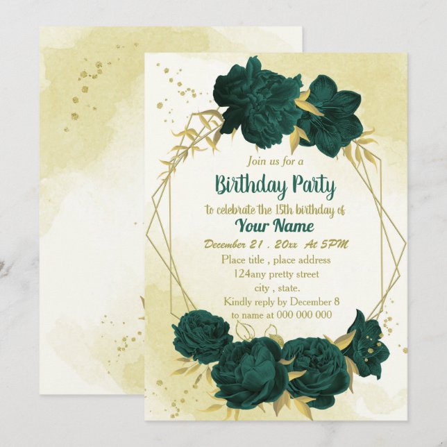 Invitation Fleurs vert émeraude or feuilles anniversaire (Devant / Derrière)