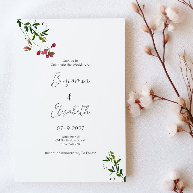 Invitation Fleurs vert rouge rose simple Mariage (Simple botanic pink red green flowers Wedding)