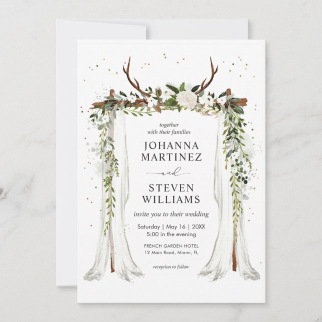 Invitation Fleurs Vertes Blanches Cerf Ramure Chapiteau Maria (Devant)