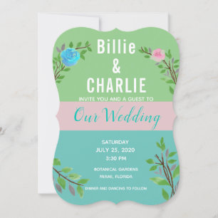 Invitation Fleurs vertes, bleues et roses Mariage bloc couleu