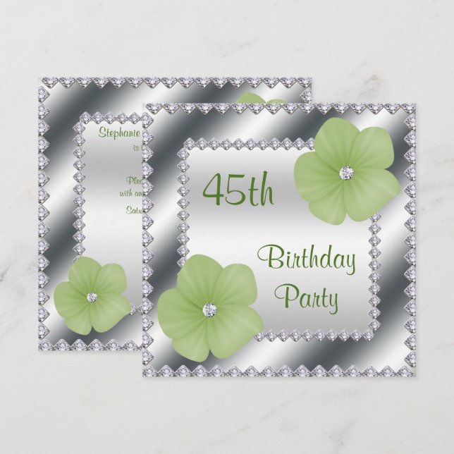 Invitation Fleurs Vertes & Diamants 45e Anniversaire (Devant / Derrière)