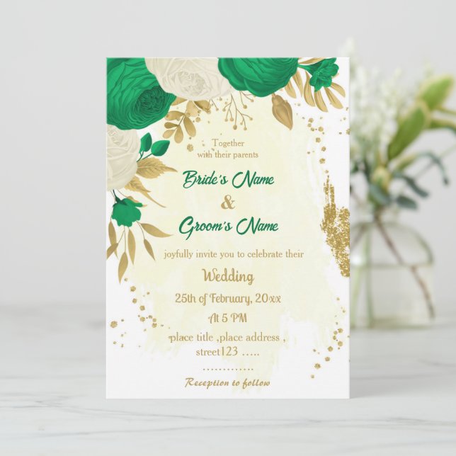 Invitation fleurs vertes et blanches or mariage (Debout devant)