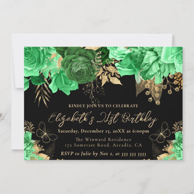 Invitation Fleurs Vertes et Dorées Aquarelle 21e Anniversaire (Devant)