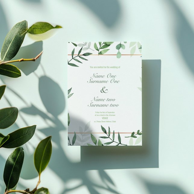 Invitation Fleurs vertes, feuilles, bordure d'or, mariage de  (Green flowers, leaves, gold border, garden wedding invitation)