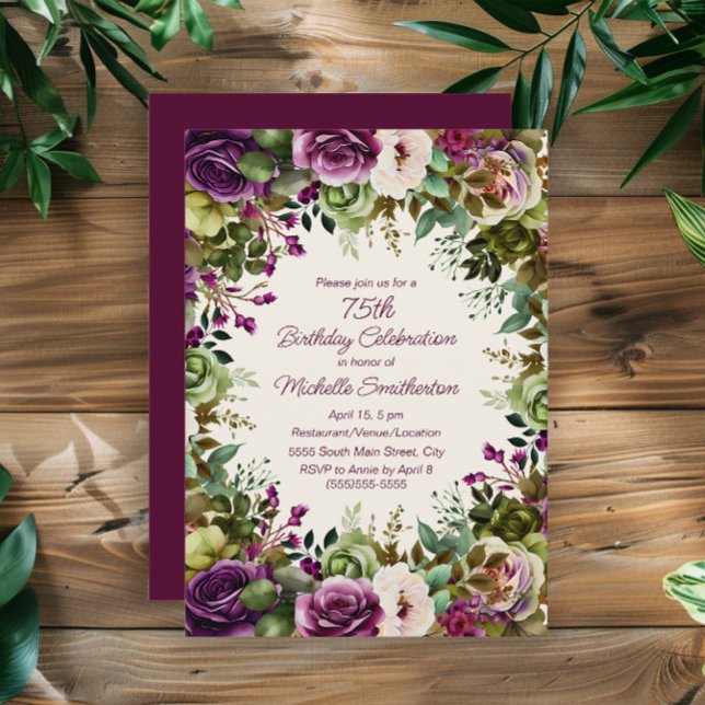Invitation Fleurs Vertes Florales Rose Violet 75e Anniversair (Elegant purple and pink watercolor floral 75th birthday party invitation)