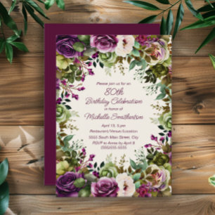 Invitation Fleurs Vertes Florales Rose Violet 80e Anniversair