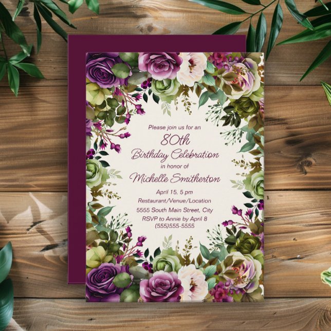 Invitation Fleurs Vertes Florales Rose Violet 80e Anniversair (Purple and pink watercolor floral 80th birthday party invitation)