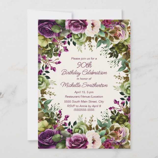 Invitation Fleurs Vertes Florales Rose Violet 90e Anniversair (Devant)