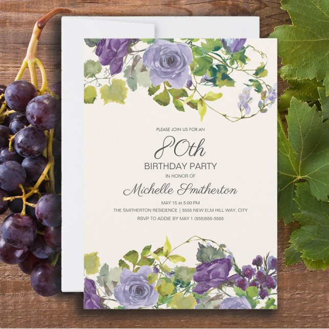 Invitation Fleurs Vertes Florales Violettes 80e Anniversaire (Purple floral and green vines 80th birthday party invitation)
