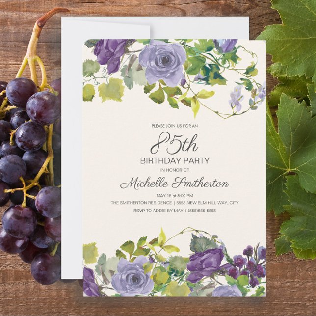 Invitation Fleurs Vertes Florales Violettes 85e Anniversaire (Purple floral and vines 85th birthday party invitation)