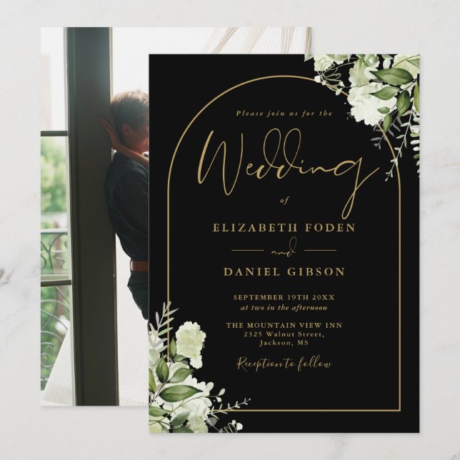 Invitation Fleurs Vertes Noir Et Or Arch Photo Mariage (Devant / Derrière)