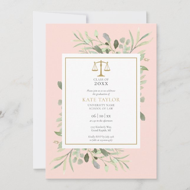 Invitation Fleurs Vertes Rose Blush Photo de Diplômé de la Fa (Devant)