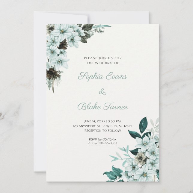 Invitation Fleurs Vertes Rustiques Mariage Bohème Blanc Cassé (Devant)