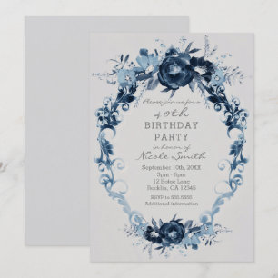 Invitation Fleurs Vintage Bleues Élégante Fête d'Anniversaire