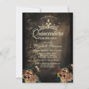 Invitation Fleurs Vintage Damassé Sombre Gothique Quinceañera