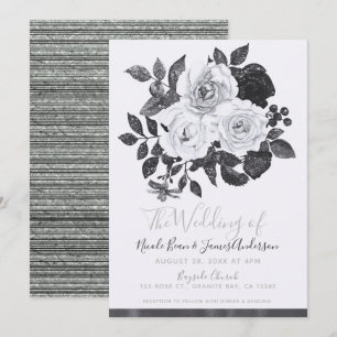 Invitation Fleurs Vintage Noir & Blanc Floral Moderne Chic