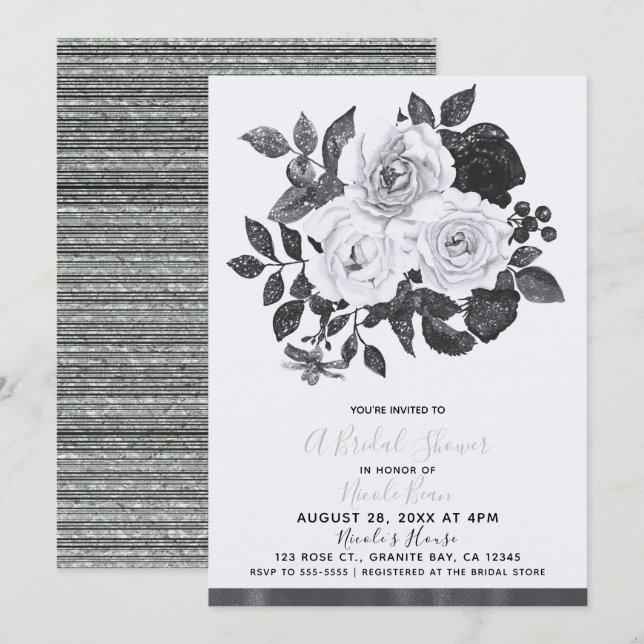 Invitation Fleurs Vintage Noir & Blanc Mariage Moderne (Devant / Derrière)