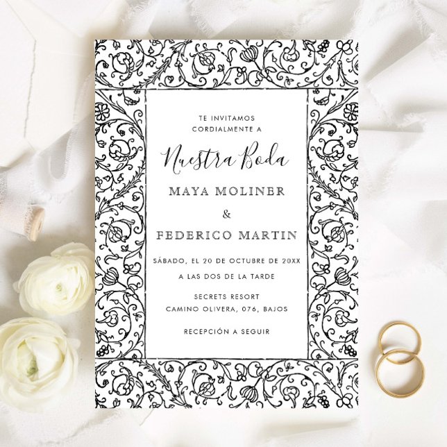 Invitation Fleurs Vintage Noir & Blanc Nuestra Boda Mariage (Créateur téléchargé)
