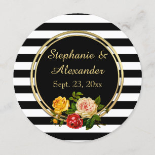 Invitation Fleurs Vintage Noir et Blanc Rayure Personnalisé