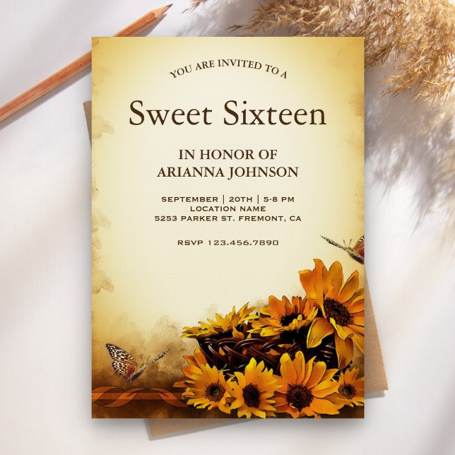 Invitation Fleurs Vintage Tournesol Sweet Seize (Créateur téléchargé)