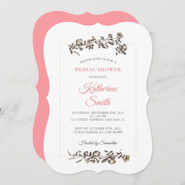 Invitation Fleurs Vintages classiques Fête des mariées rose (Devant / Derrière)