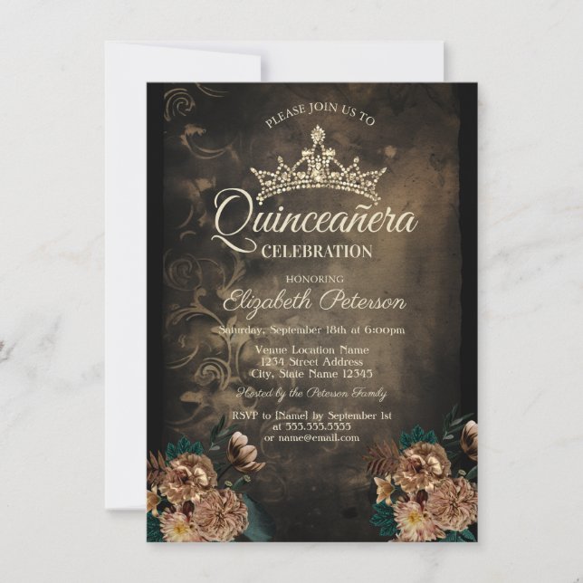 Invitation Fleurs vintages Damask Dark Gothic Quinceañera (Devant)
