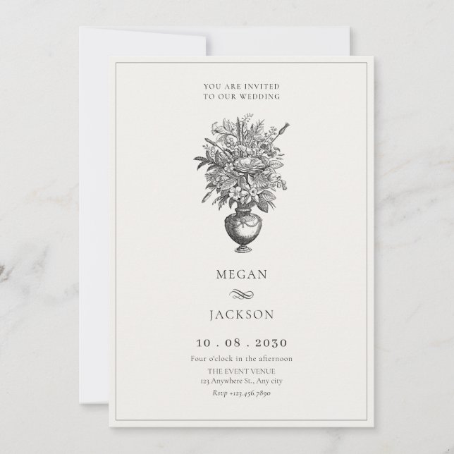 Invitation Fleurs vintages dans vase antique mariage (Devant)
