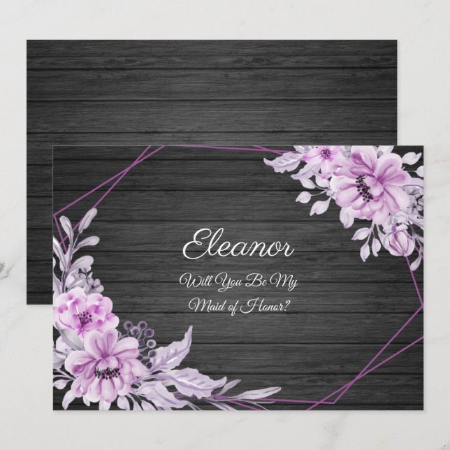 Invitation Fleurs Vintages d'aquarelle violet sur bois rustiq (Devant / Derrière)