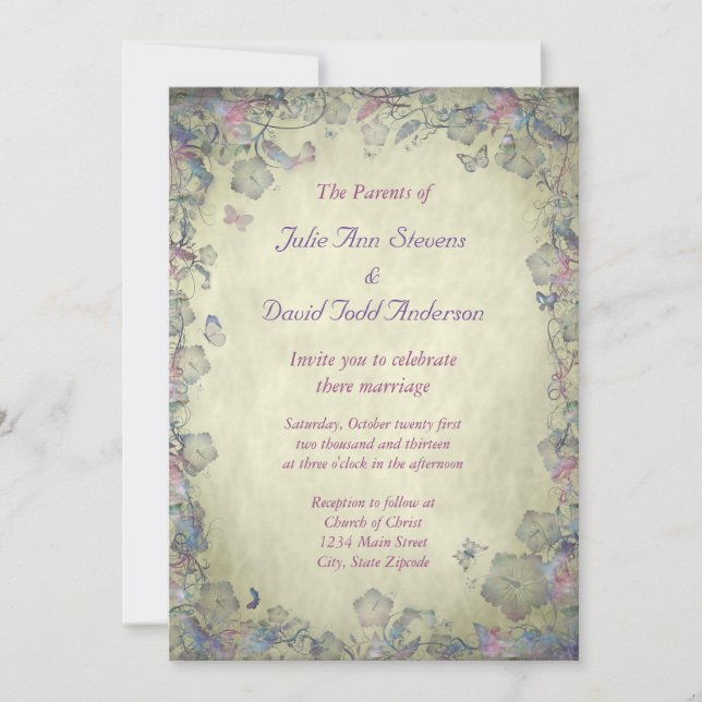 Invitation Fleurs vintages et Mariage de papillon (Devant)