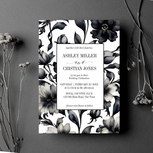 Invitation Fleurs vintages noires et blanches (Black and white vintage flowers elegant wedding editable template invitation digital download floral)