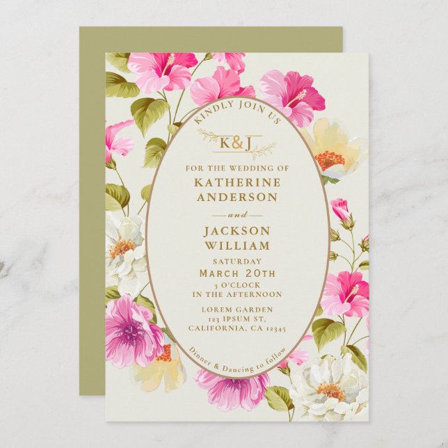 Invitation Fleurs vintages rose rose or Mariage (Devant / Derrière)