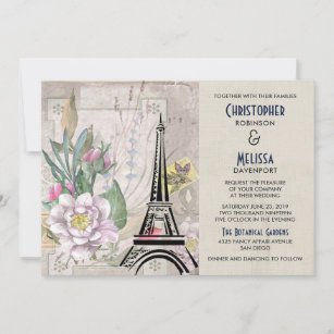 Invitation Fleurs vintages, Tour Eiffel et Mariage Burlap