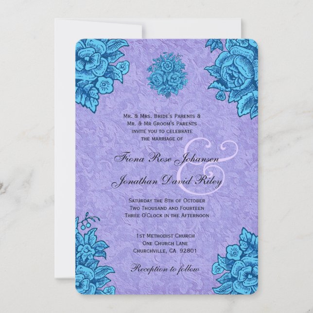 Invitation Fleurs Vintages violettes et turquoises Mariage V3 (Devant)
