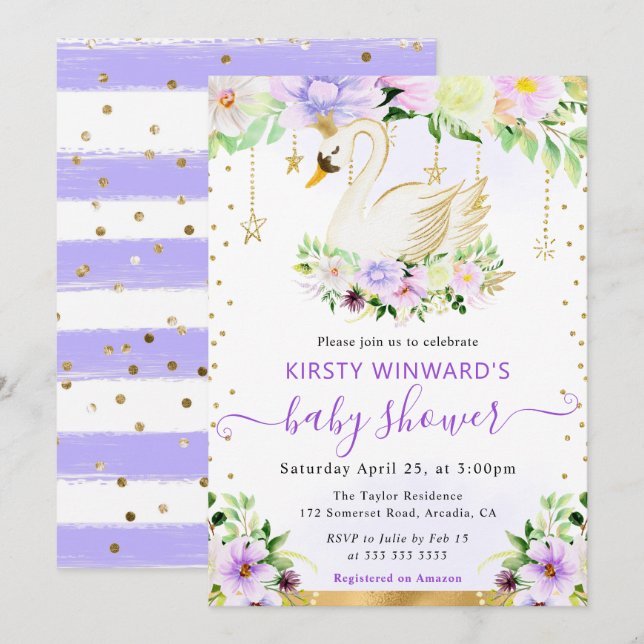 Invitation Fleurs violet et crème à l'aquarelle Bain de bébé  (Devant / Derrière)