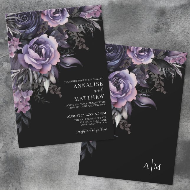 Invitation Fleurs Violet Foncé Mariage Noir (Dark Purple Floral Black Wedding Invitation)