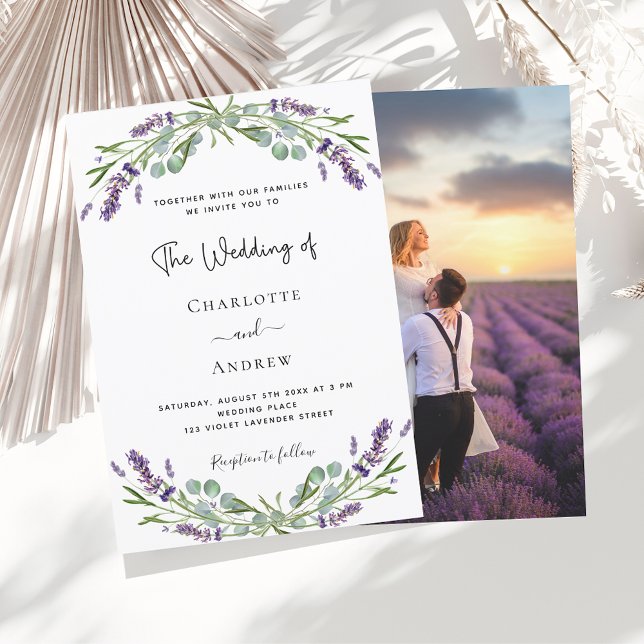 Invitation Fleurs violet lavande de lavande photo mariage de  (Créateur téléchargé)