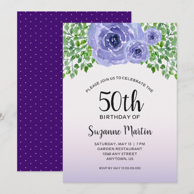 Invitation Fleurs violettes à l'aquarelle | Fête d'anniversai (Devant / Derrière)