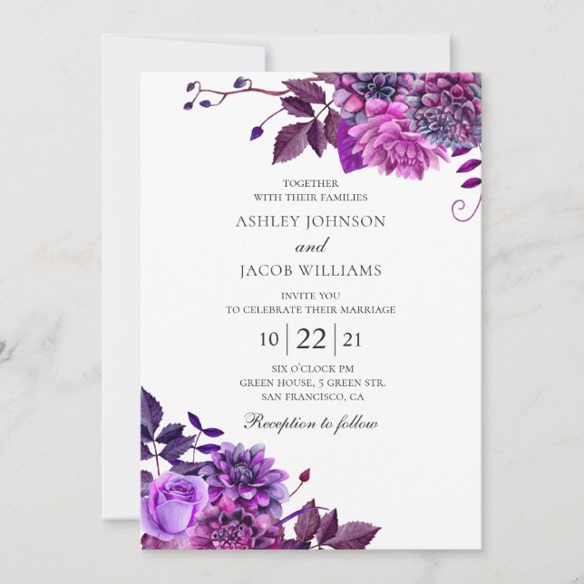 Invitation Fleurs violettes à l'aquarelle. Mariage floral lil (Devant)