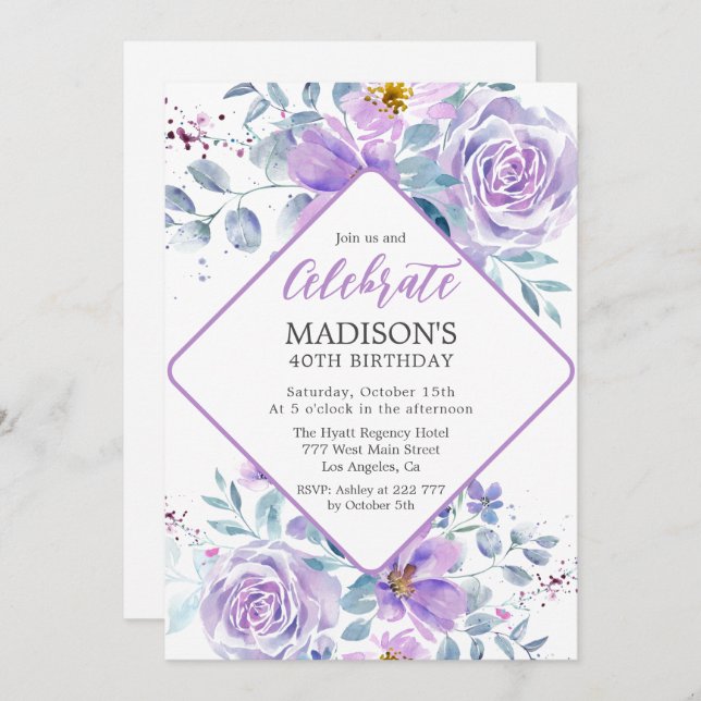 Invitation Fleurs violettes Anniversaire (Devant / Derrière)