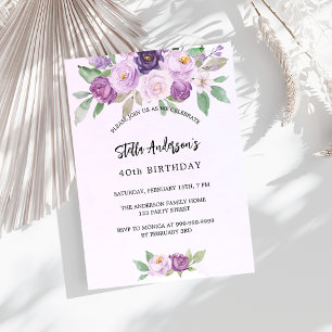 Invitation Fleurs violettes anniversaire vert