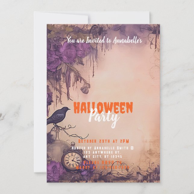 Invitation Fleurs Violettes Antiques Oiseaux Noirs Fête d'Hal (Devant)