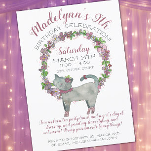 Invitation Fleurs violettes avec chats mignons Anniversaire