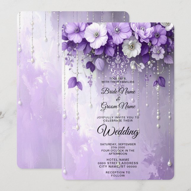 Invitation Fleurs Violettes avec Mariage de Perles Pendantes (Devant / Derrière)