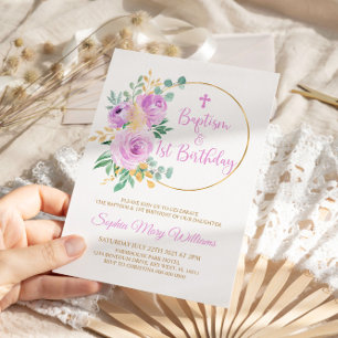 Invitation Fleurs violettes Baptême et premier anniversaire