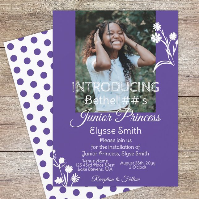 Invitation Fleurs violettes, blanches et princesse Pois (purple floral installation invitation card, girl's youth organization job's daughter's international)