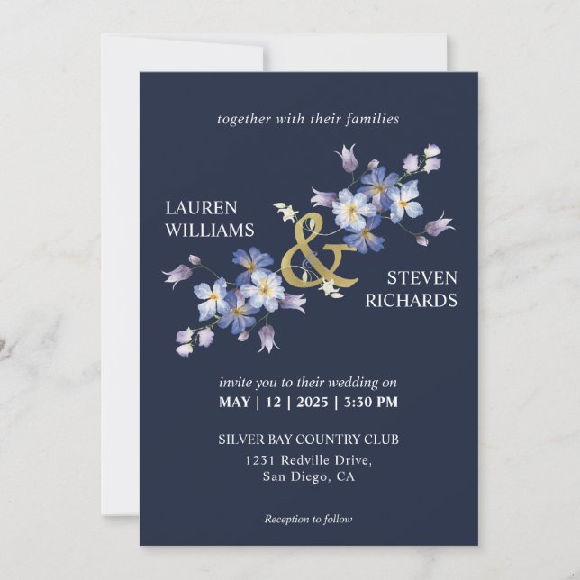 Invitation Fleurs violettes bleu foncé personnalisées Mariage (Devant)