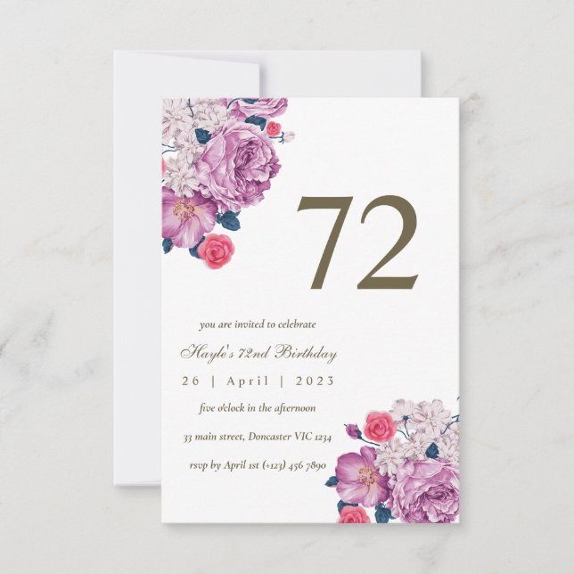 Invitation Fleurs violettes, botanique chic simple 72e annive (Devant)